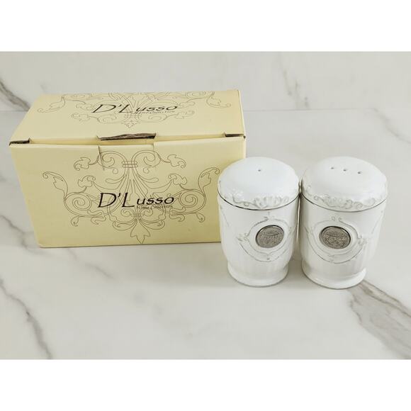 D'Lusso Salt & Pepper Shakers Home Collection Ceramic 3 1/4" White Pewter Vtg - Picture 8 of 11
